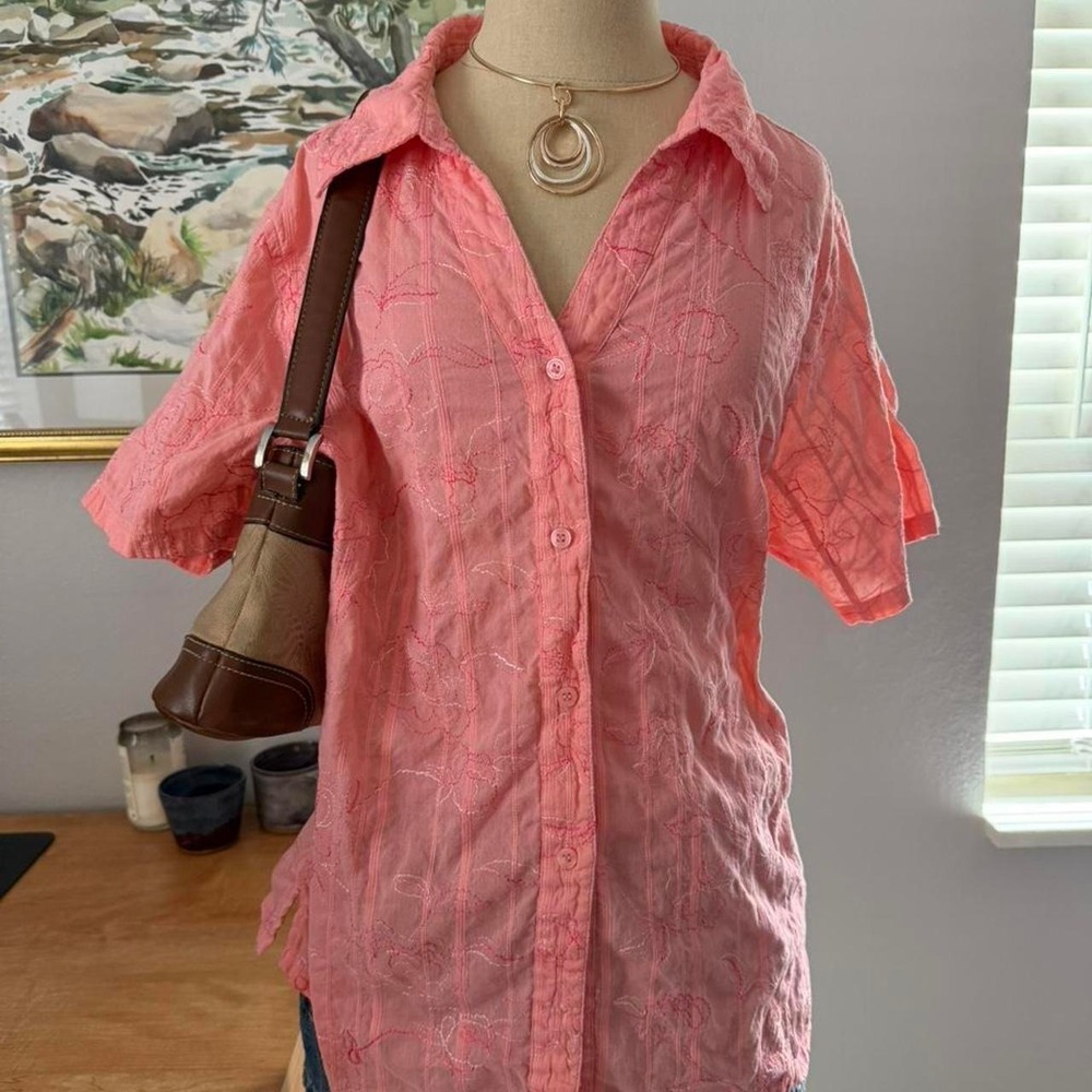 Vintage Coral Pink Floral Embroidered Button Down Shirt Short Sleeve Large